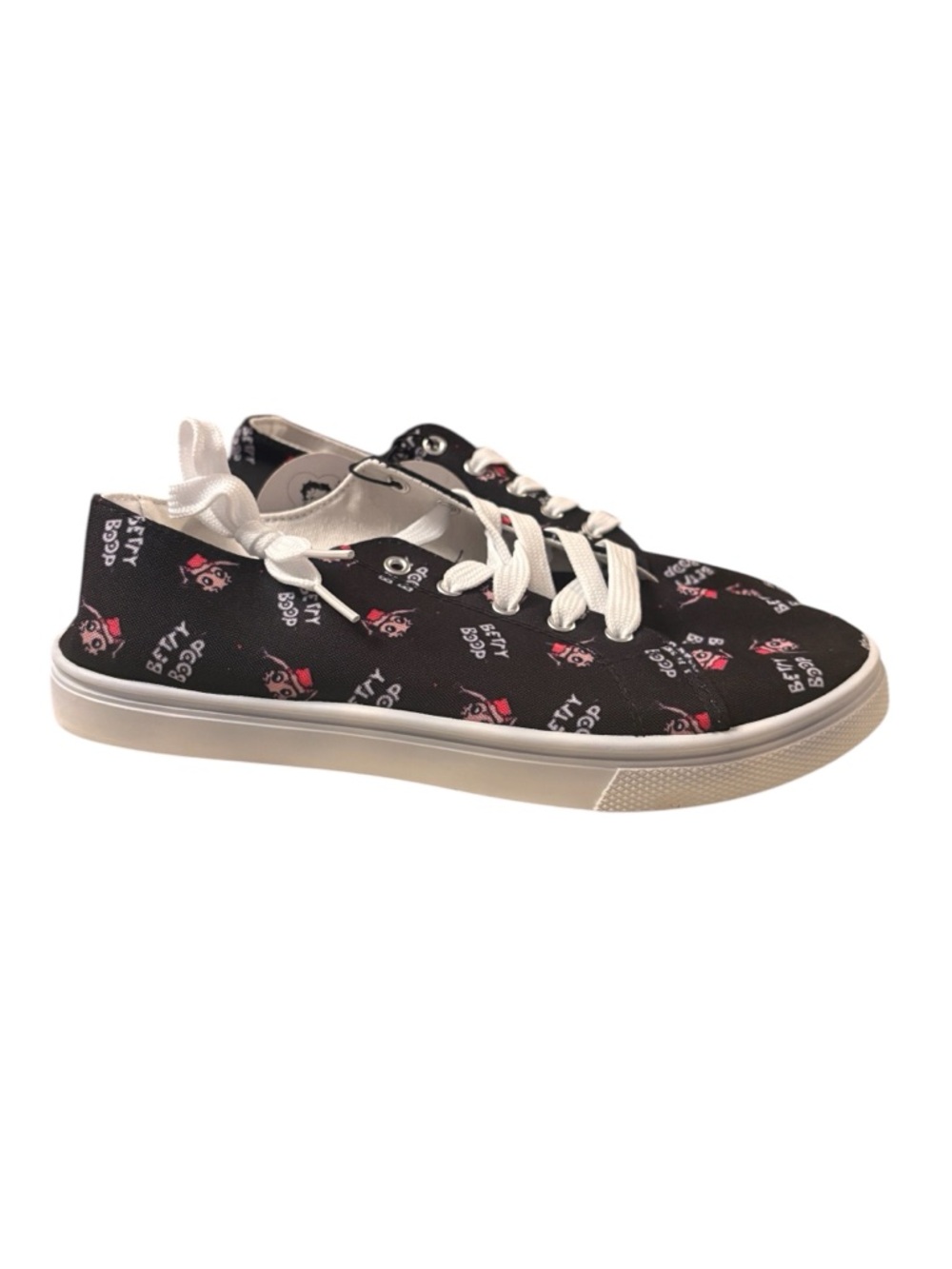 Women’s Betty Boop Black Sneakers with Red Logo Print.